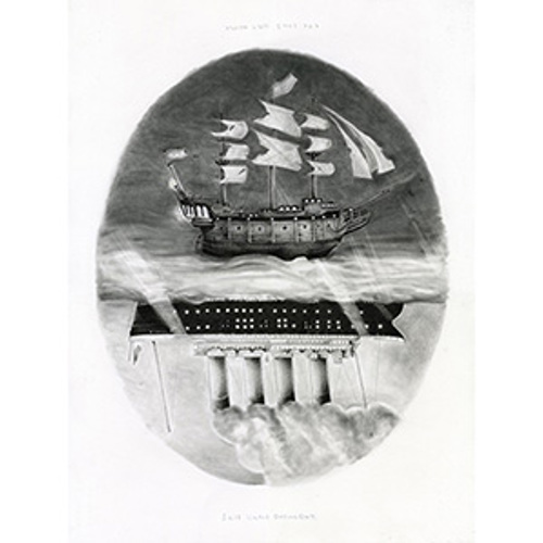 Black and white illustration of a sailing ship on the ocean above a reverse image of a steam boat on the bottom half of the canvas. It says "the long way home" and "sail until doomsday".